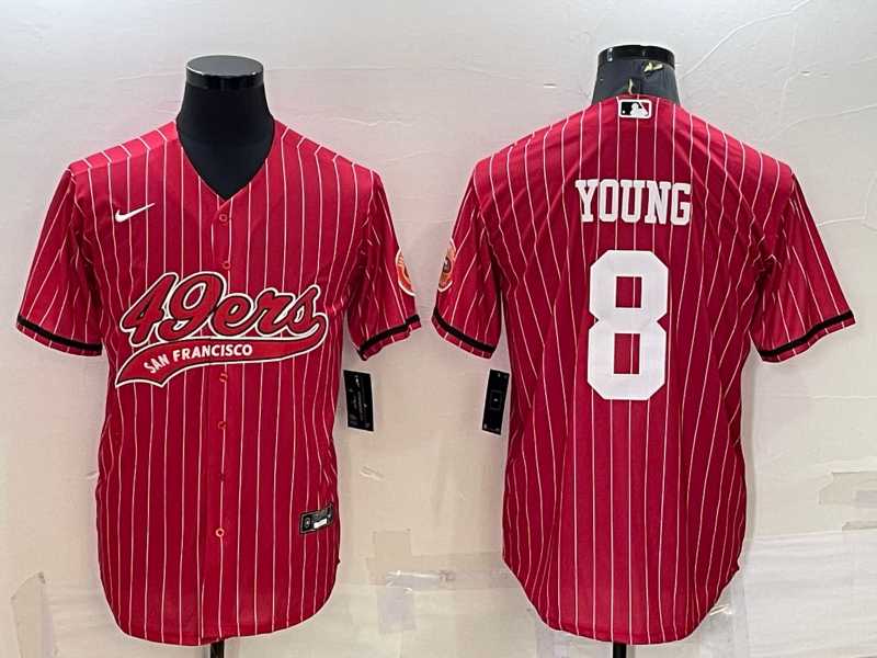 Men%27s San Francisco 49ers #8 Steve Young Red Pinstripe With Patch Cool Base Stitched Baseball Jersey->san francisco 49ers->NFL Jersey